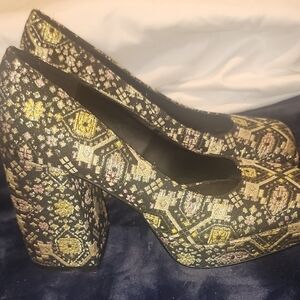 Katy Perry Collections Black and Gold Baroque Patterned Platforms.